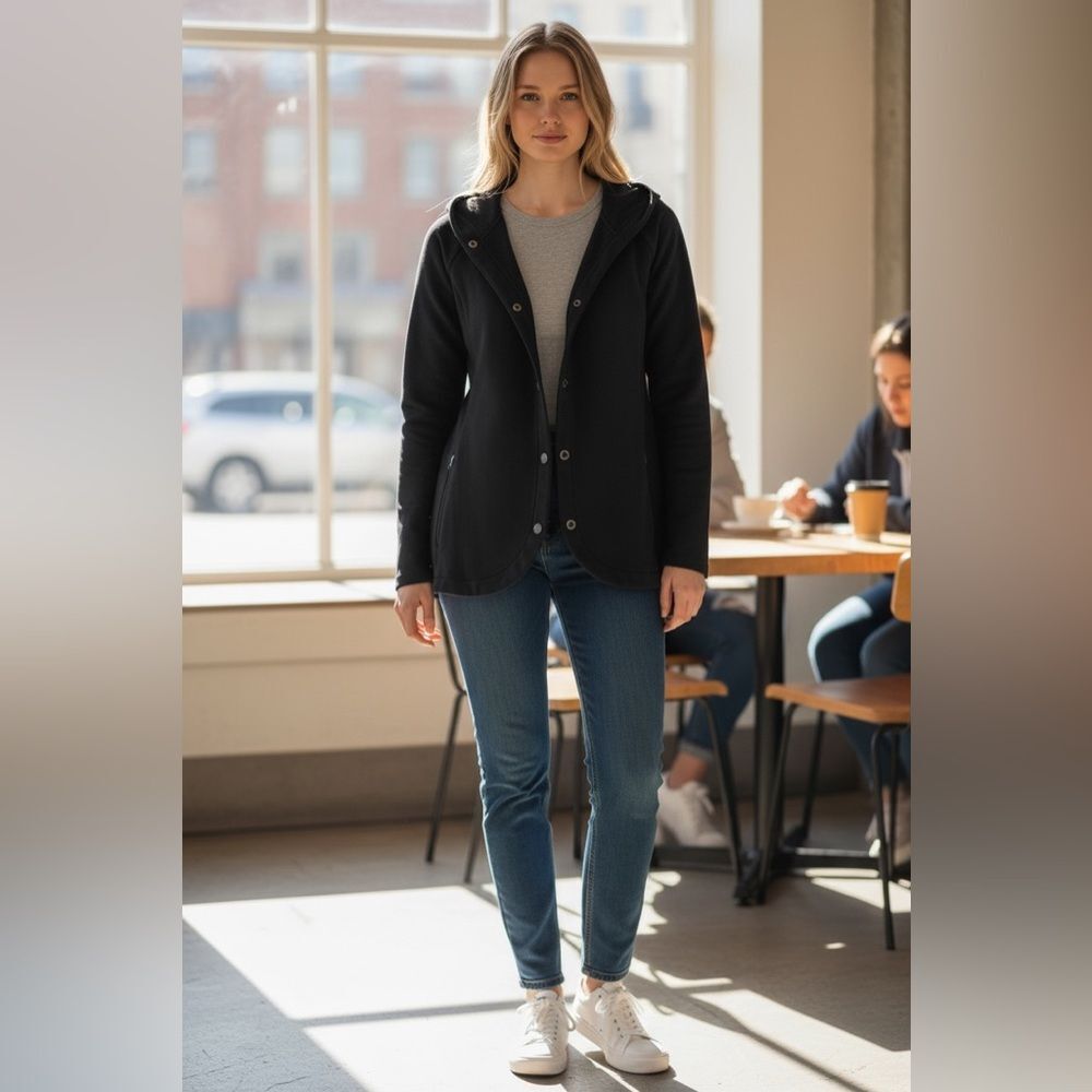 2013 hard to‎ find Athleta Hooded Jacket Wrap Front Zipper Pockets Black small